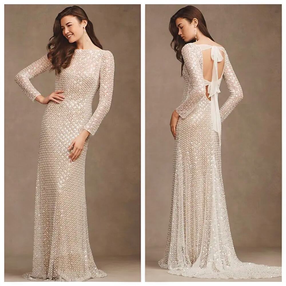 Watters Mia Beaded Wedding Dress Sheer Open Back Long Sleeve Gown 14